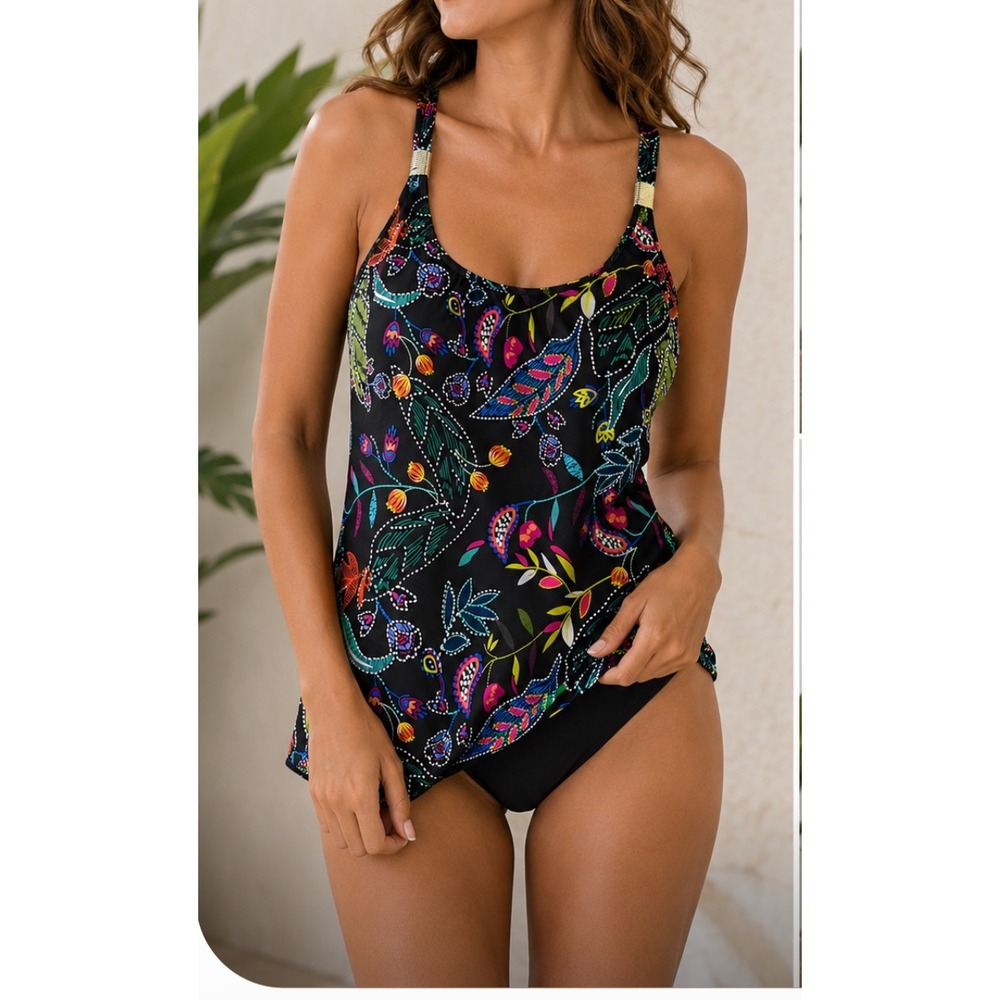 Floral Paisley Asymmetrical Tankini Top Black Multi Color Adjustable Straps